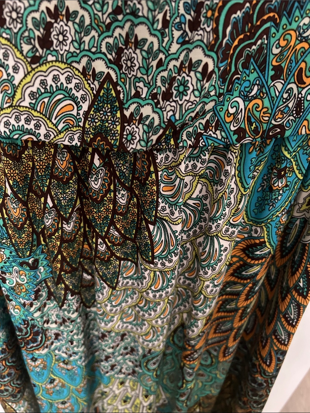 Tropical Teal and Brown Paisley Twist-Front Midi Dress weekend evening or beach - Picture 8 of 12